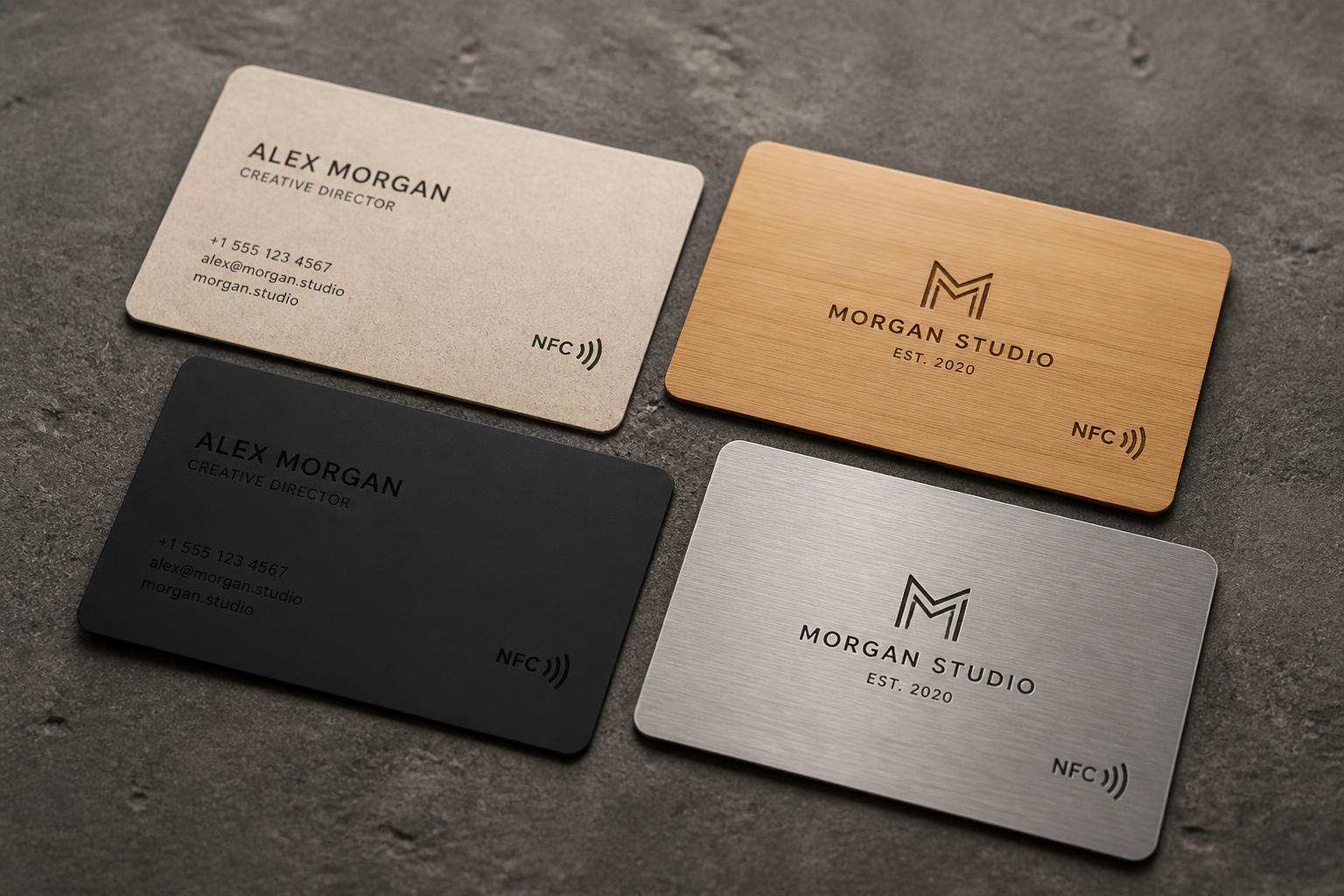 NFC business cards in paper, bamboo, plastic and metal finishes